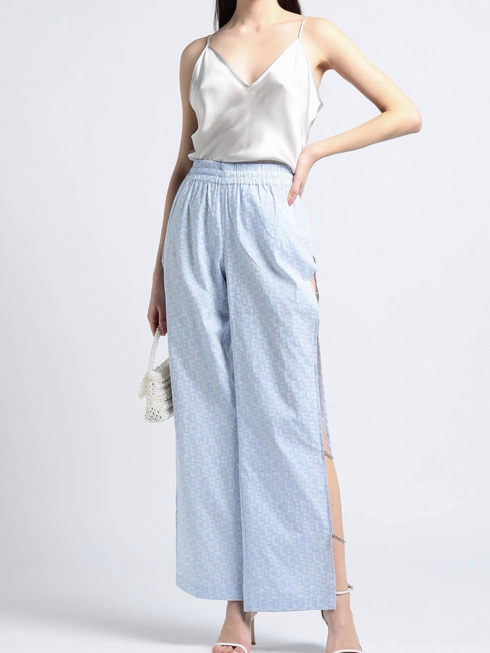 GCDS Women’s Medium Blue Monogram Pants Open Chain Jewel Side Seams $788